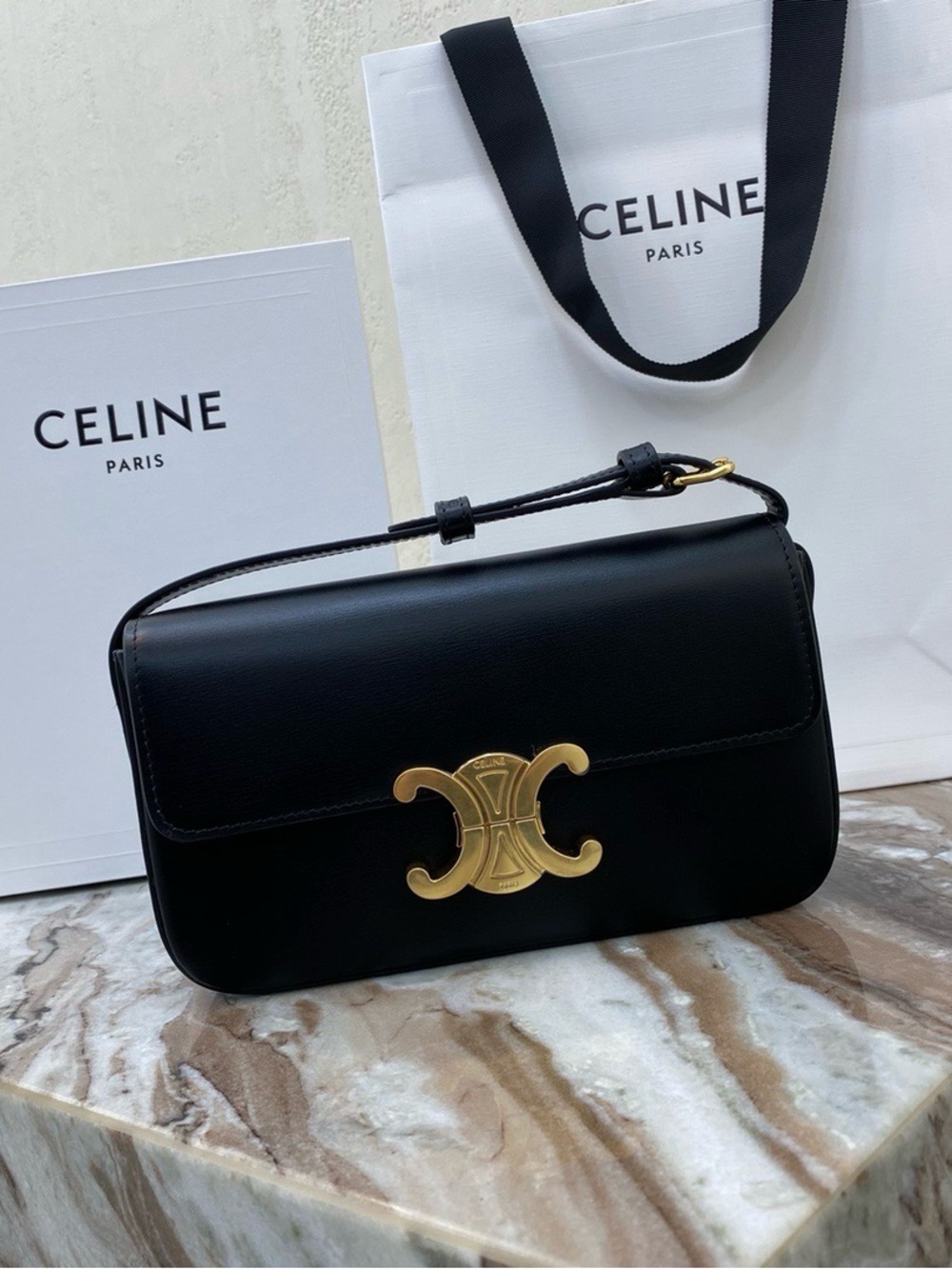 Celine Black Leather Shoulder Bag with Gold Triomphe Detail